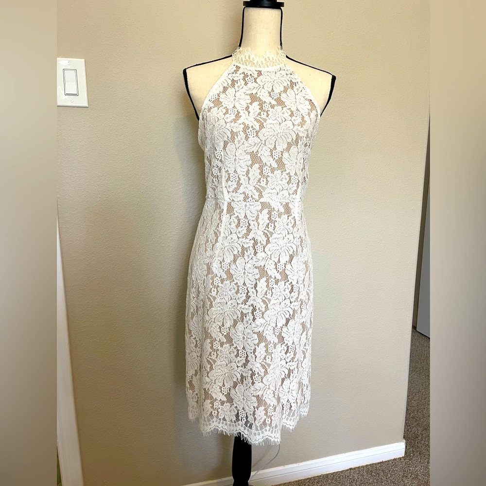 White Lace Backless Dress with Nude Underlay - Size M